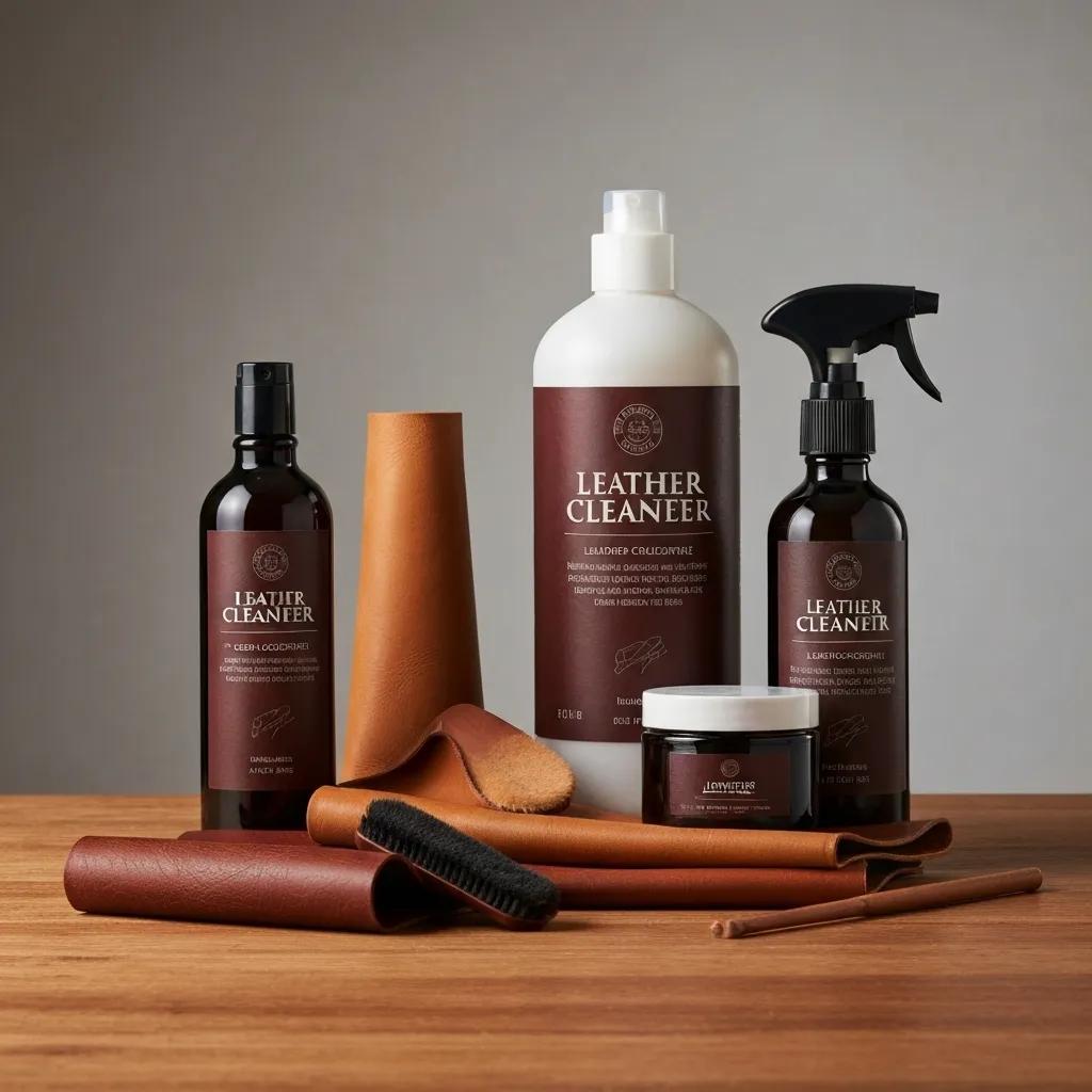 Leather care products and a motorcycle coat arranged in a clean workspace, emphasizing maintenance