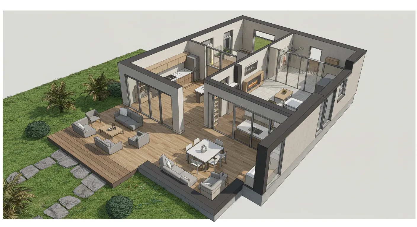 Rendered home floor plan showing room layout and furnishings from above