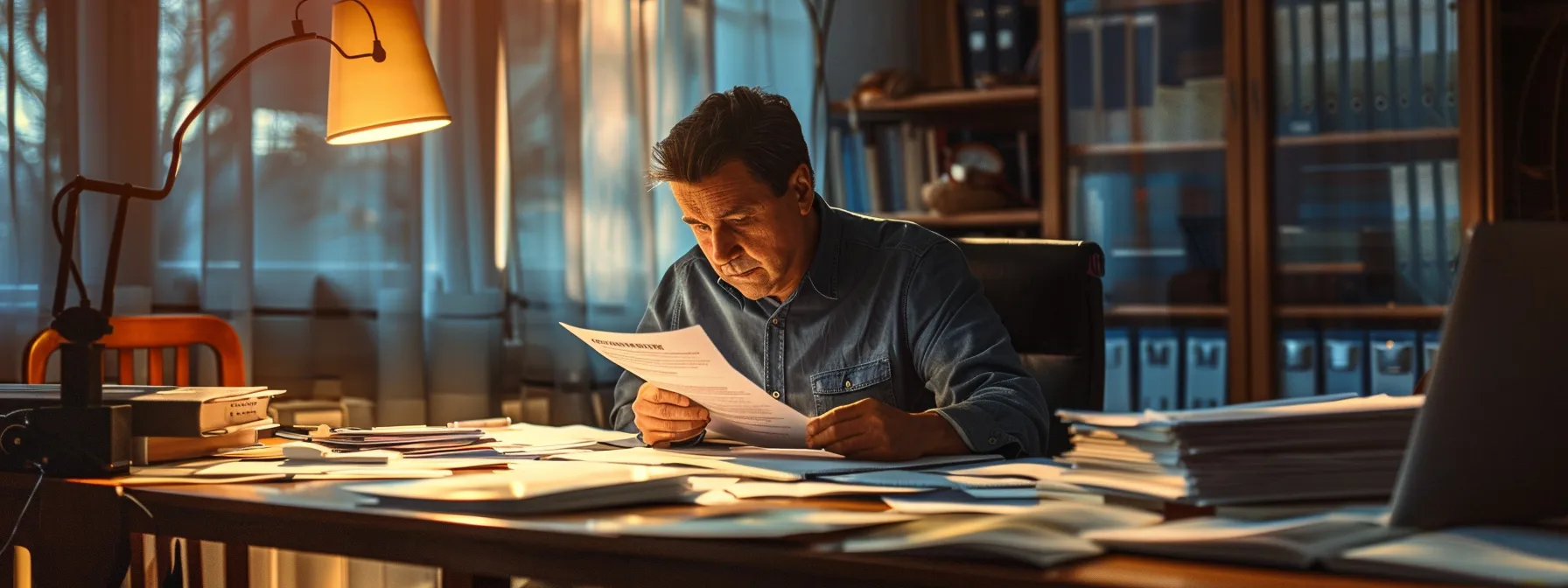 a person sitting at a desk with paperwork and insurance documents spread out in front of them, looking focused and determined.