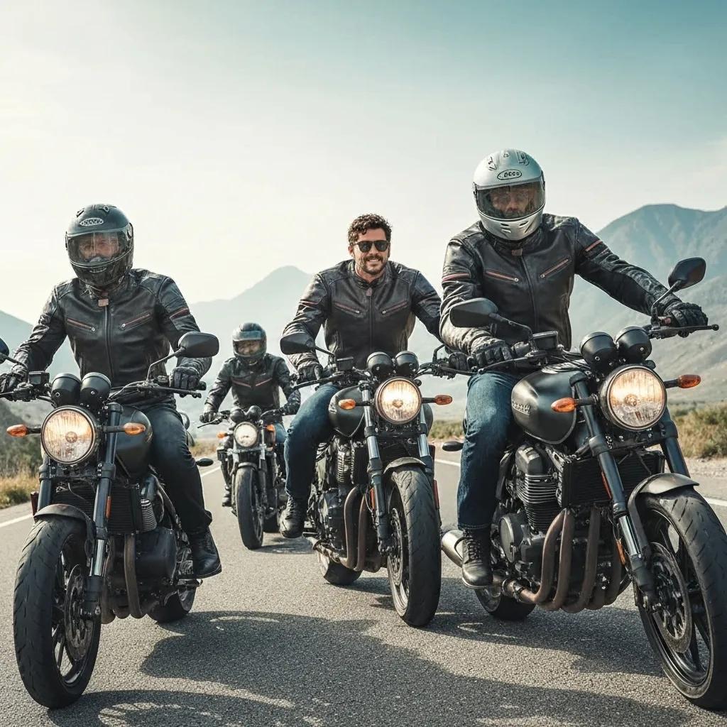 Diverse motorcycle riders in leather coats riding on open roads, showcasing style and adventure
