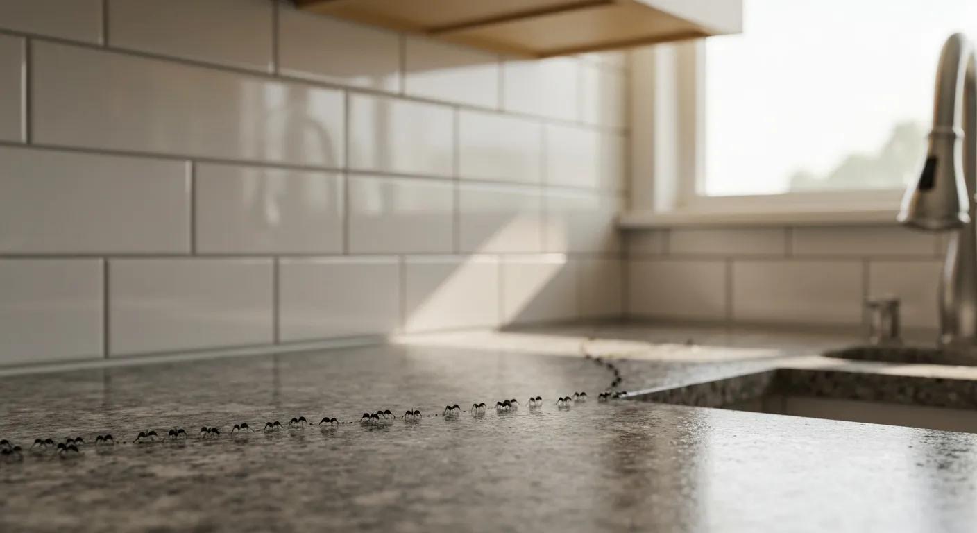 Ants forming a trail across a kitchen counter after being displaced by rain.