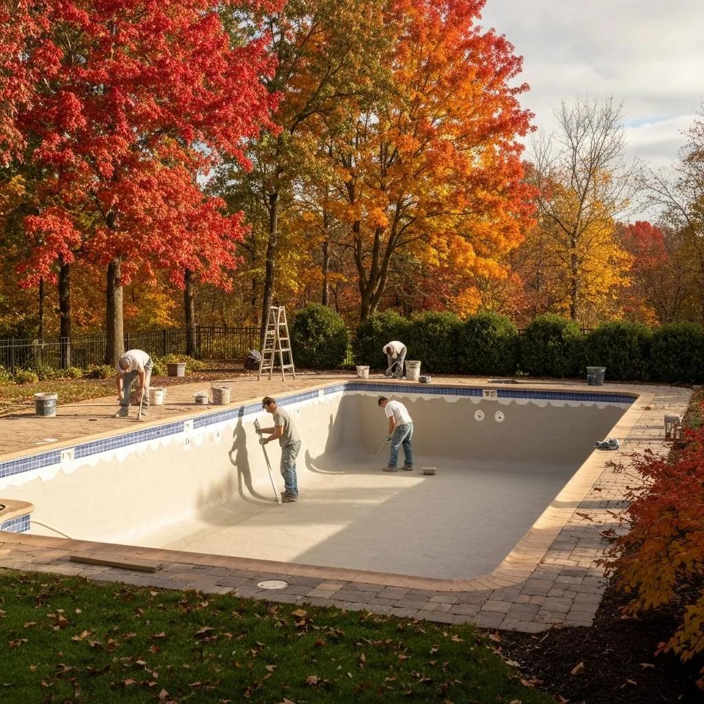 A pool renovation underway in the autumn, with workers applying plaster amidst colorful fall foliage