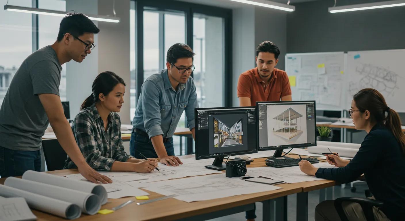 a modern architectural office is filled with blueprints, digital models on computer screens, and a large drafting table, showcasing the dynamic stages of the architectural design process as a group of diverse beginners collaboratively brainstorm ideas.