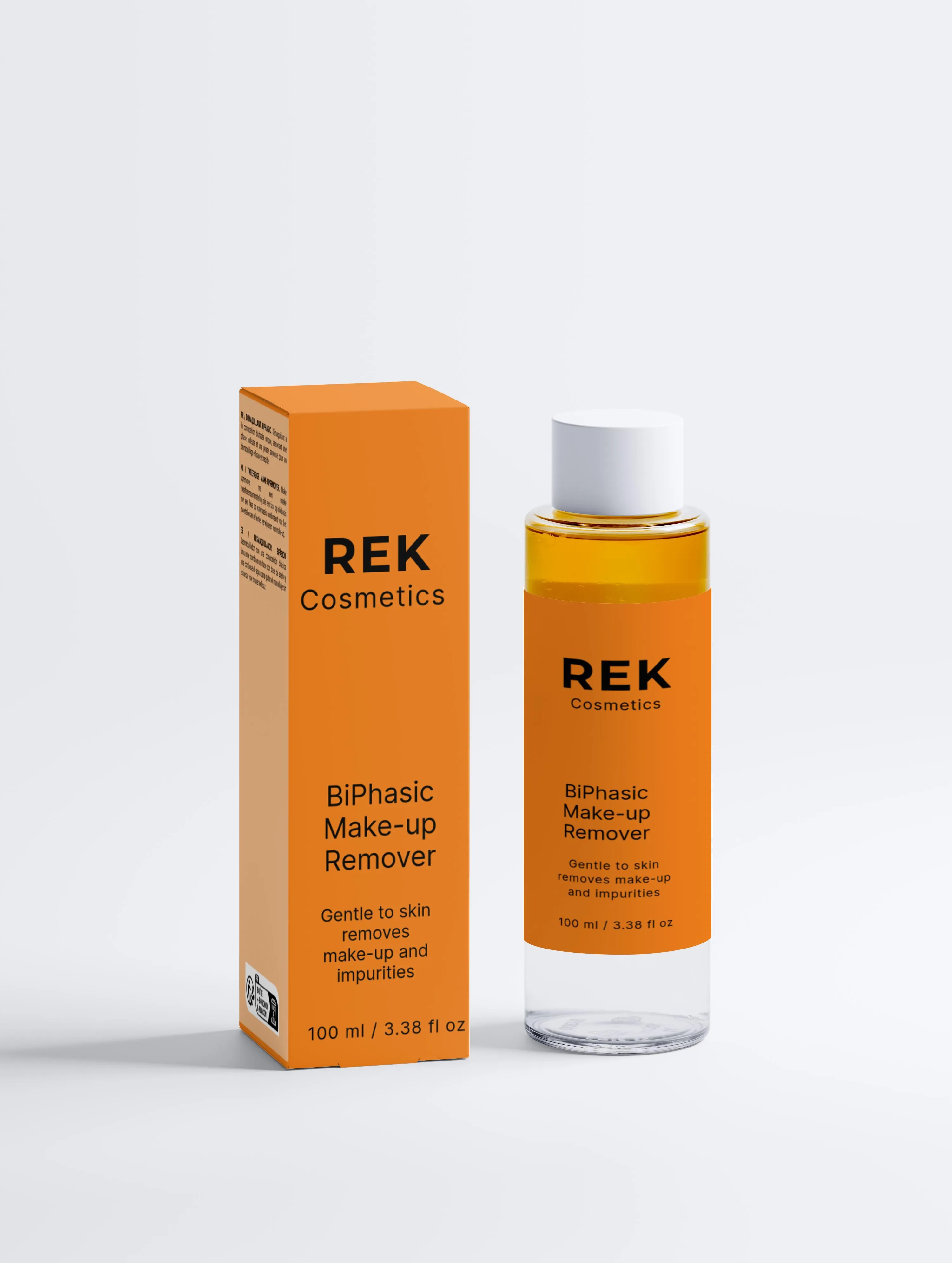REK Biphasic Makeup Remover gently dissolves navy mascara while soothing delicate skin