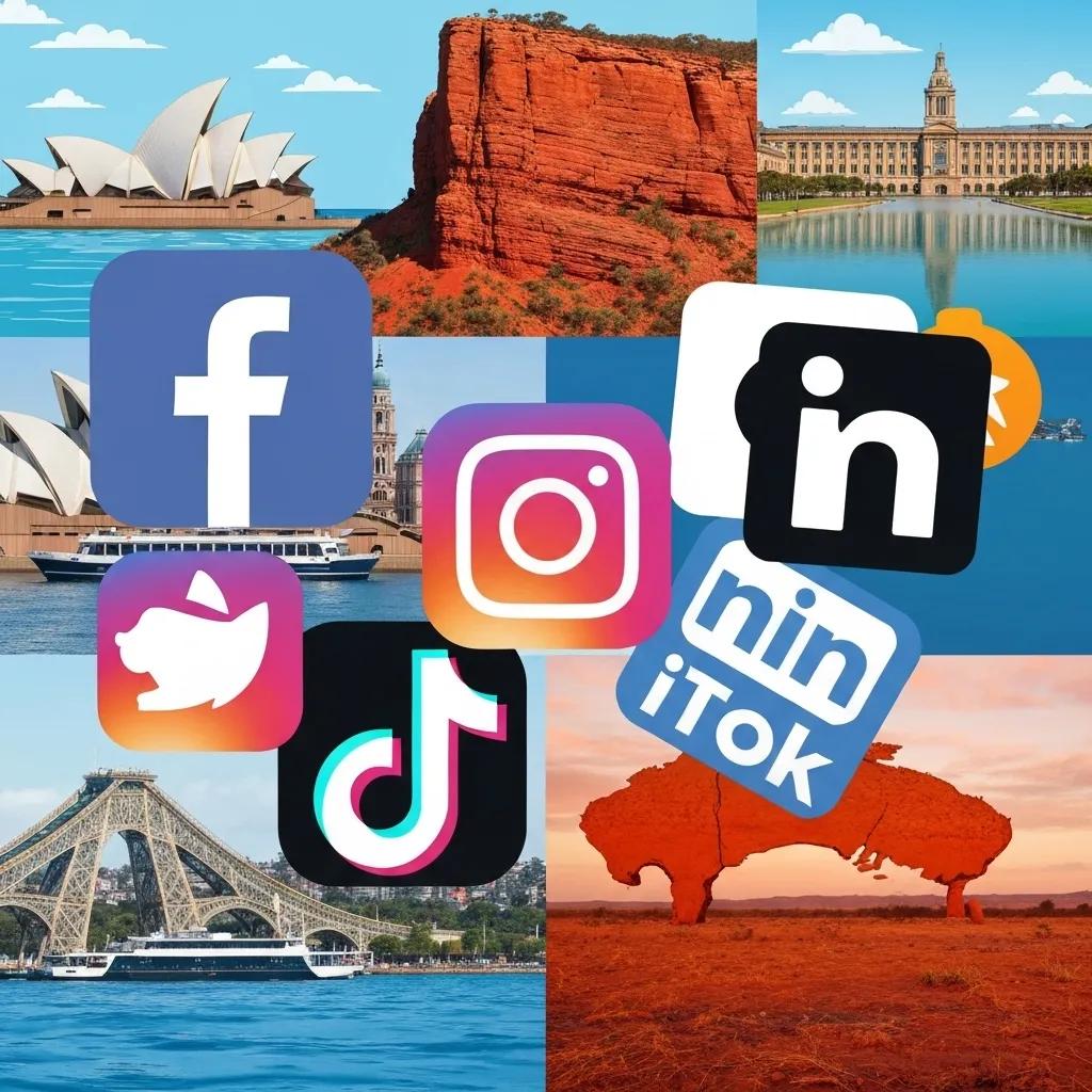 Logos of popular social media platforms overlaid on iconic Australian landmarks, highlighting their relevance for local businesses