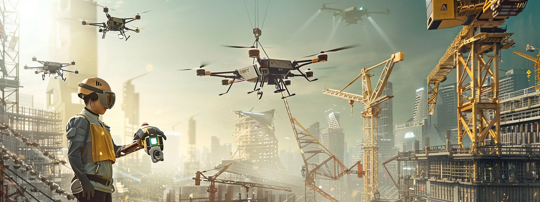 a futuristic construction site filled with robotic arms, modular components, drones flying overhead, and workers wearing augmented reality glasses.