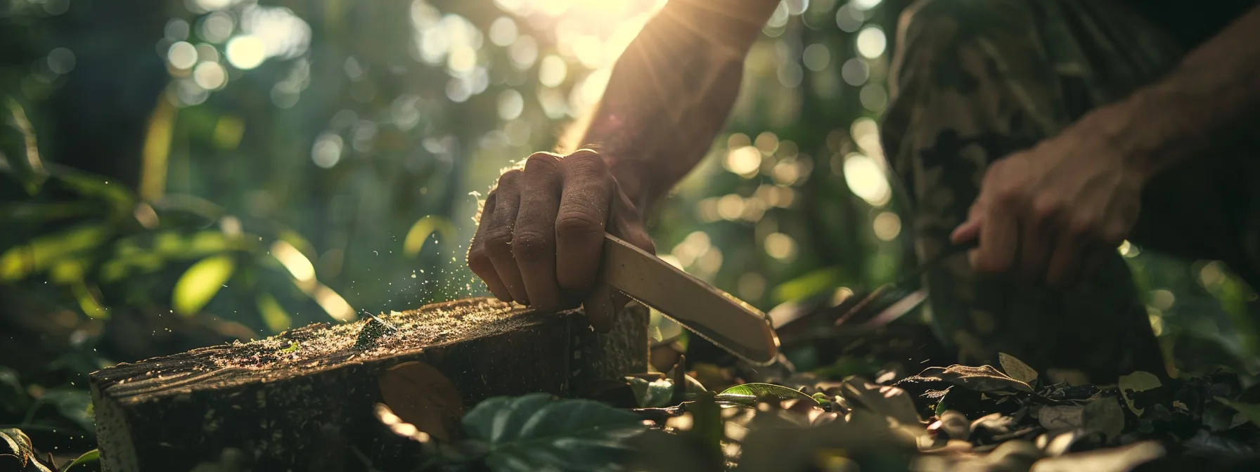 crafting a makeshift camping tool with a silky saw in the tranquil setting of a lush forest.