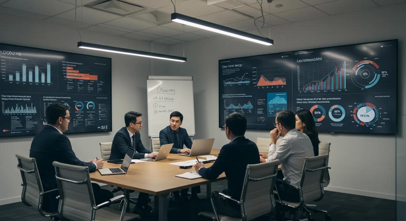 a corporate office with a sleek, modern conference room featuring a large table, digital displays showcasing customer retention statistics, and a backdrop of professionals discussing long-term discounts, emphasizing collaboration and strategic planning.