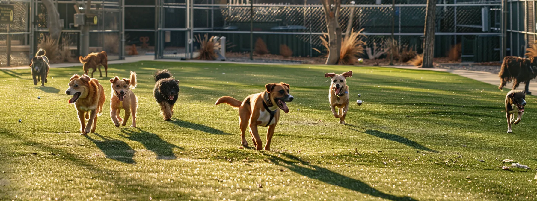 dogs happily playing in a large outdoor dog park at a boarding facility.