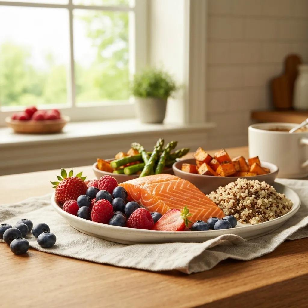 Vibrant anti-inflammatory meal featuring fish, fruits, and whole grains
