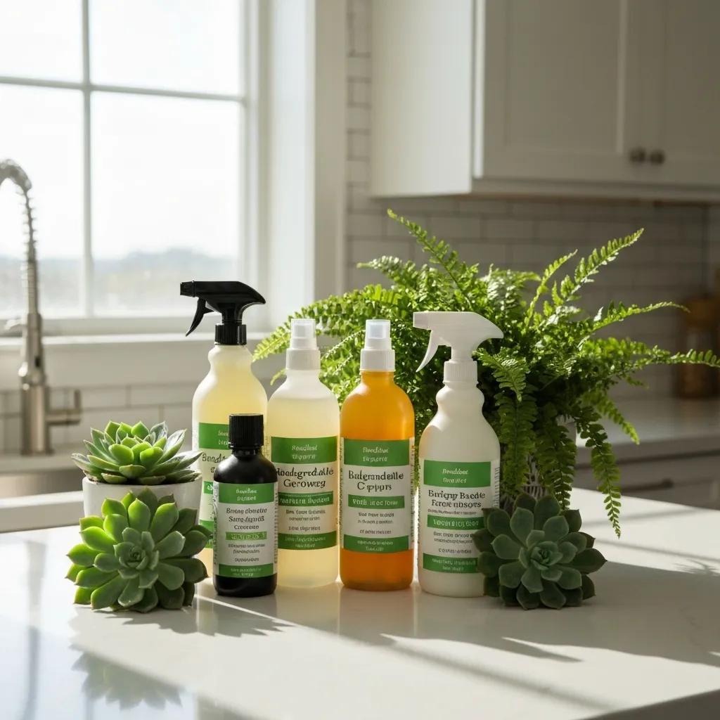 A display of eco-friendly carpet cleaning products alongside natural elements, highlighting biodegradable solutions
