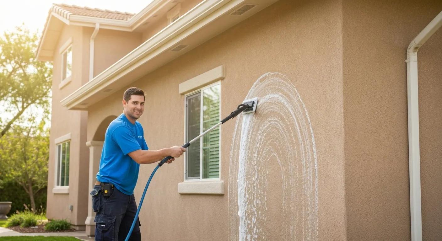 Technician performing soft washing on a home exterior, showcasing eco-friendly cleaning
