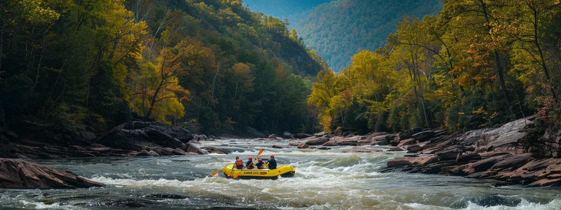 a raft expertly maneuvering through the intense class iv rapids of the upper ocoee river, with the scenic beauty of the lower ocoee in the background.