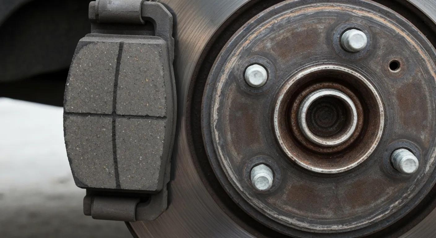 Close-up of worn brake pads and rotor indicating need for repair