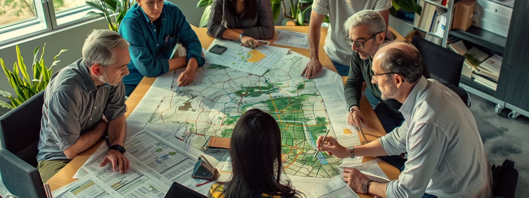 a group of professionals gathered around a large flood plain map, discussing development strategies and regulations.