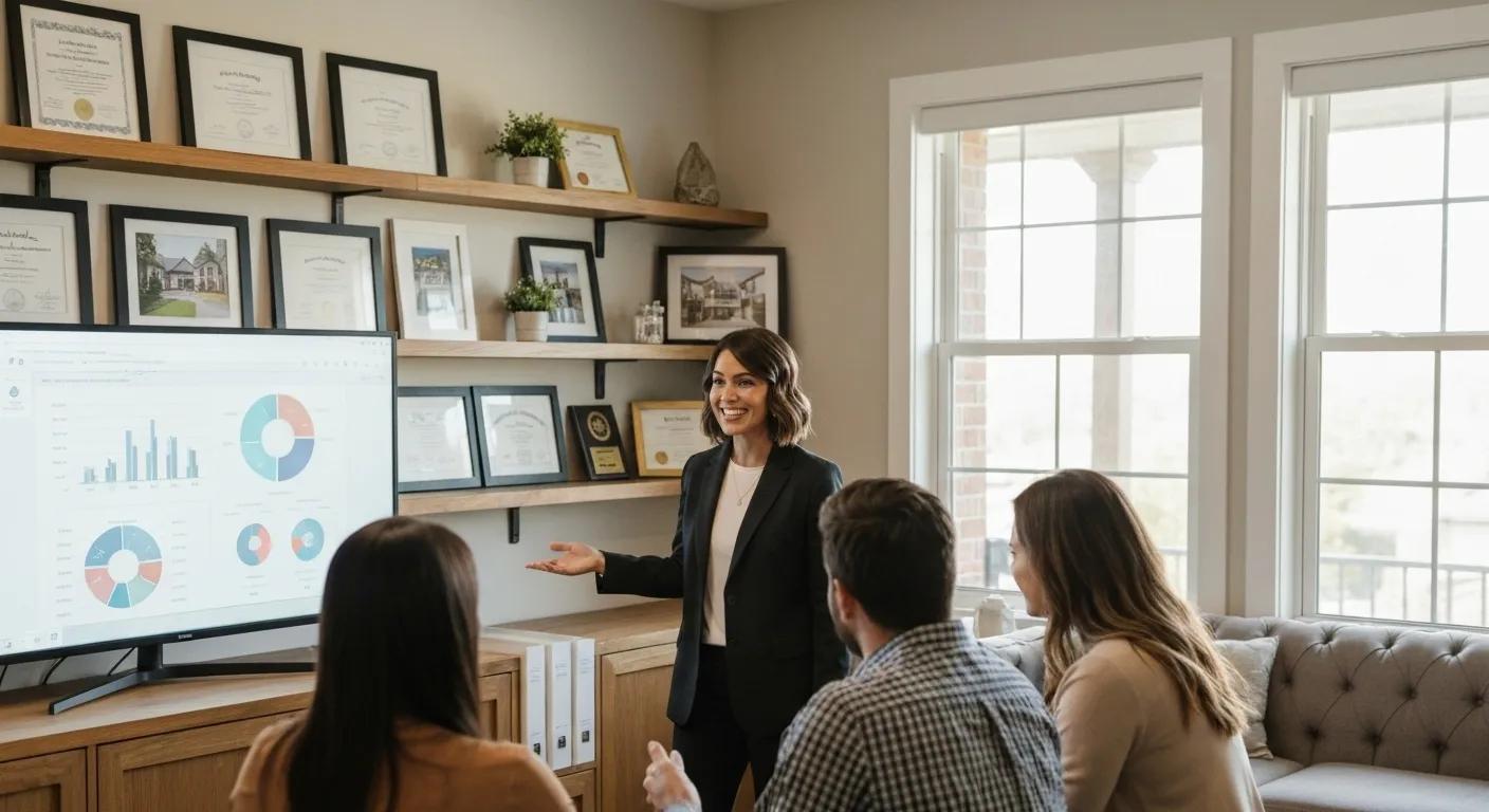 Real estate agent discussing October housing market trends with clients in a cozy office