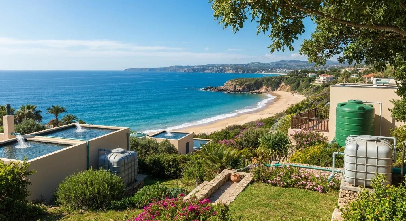 Coastal landscape showcasing the environmental benefits of green plumbing with rainwater harvesting systems
