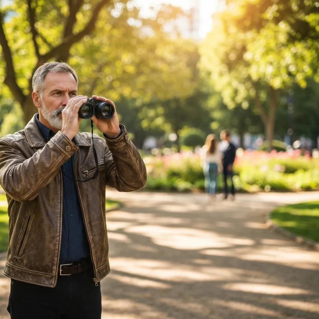 Private investigator discreetly observing in a park for infidelity investigations