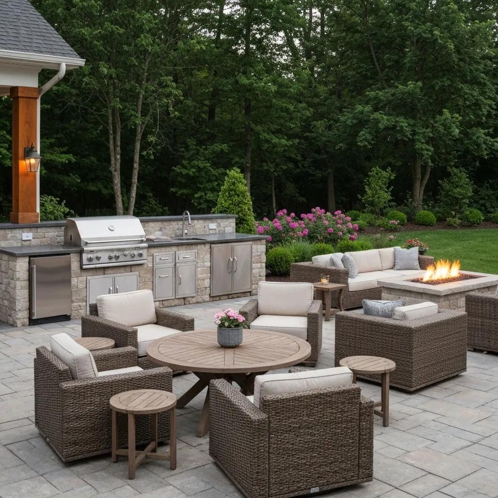 Stylish outdoor living space in Michigan with kitchen and fire pit