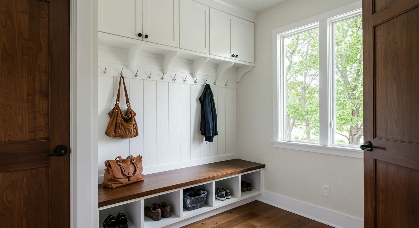 Functional mudroom entryway with storage and seating
