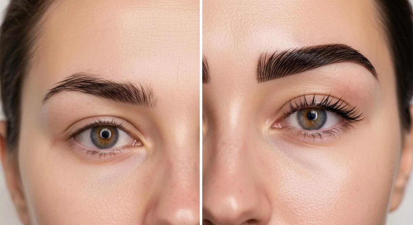 Side-by-side comparison of brow lamination results, showcasing a dramatic transformation
