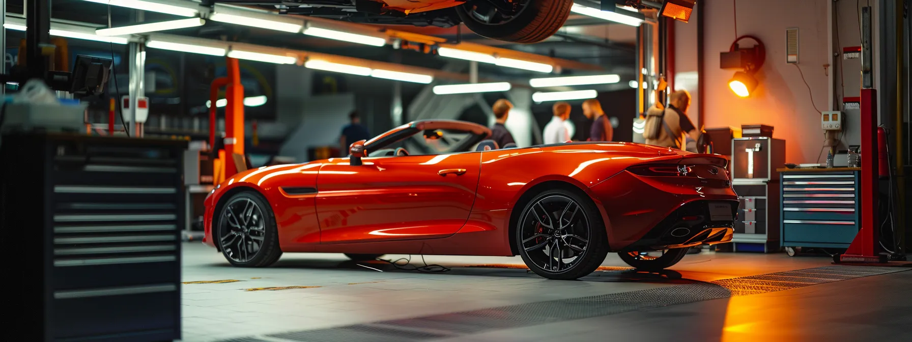 a sleek luxury convertible gleaming under the bright lights of a dealership service center, with expert technicians inspecting the engine with precision and care.