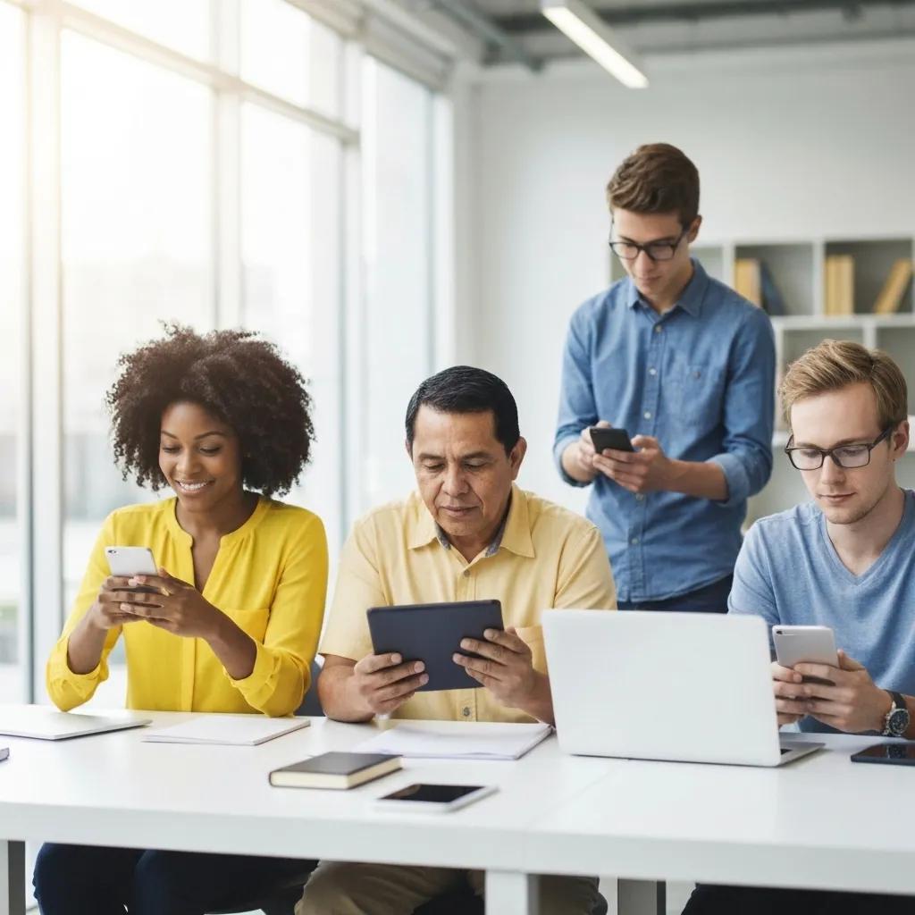 A diverse group of people actively using various digital devices in a contemporary, well-lit workspace, visually representing the concept of responsive web design.