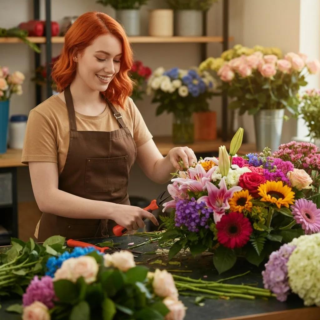 Florist arranging a bouquet in a workshop for same-day flower delivery