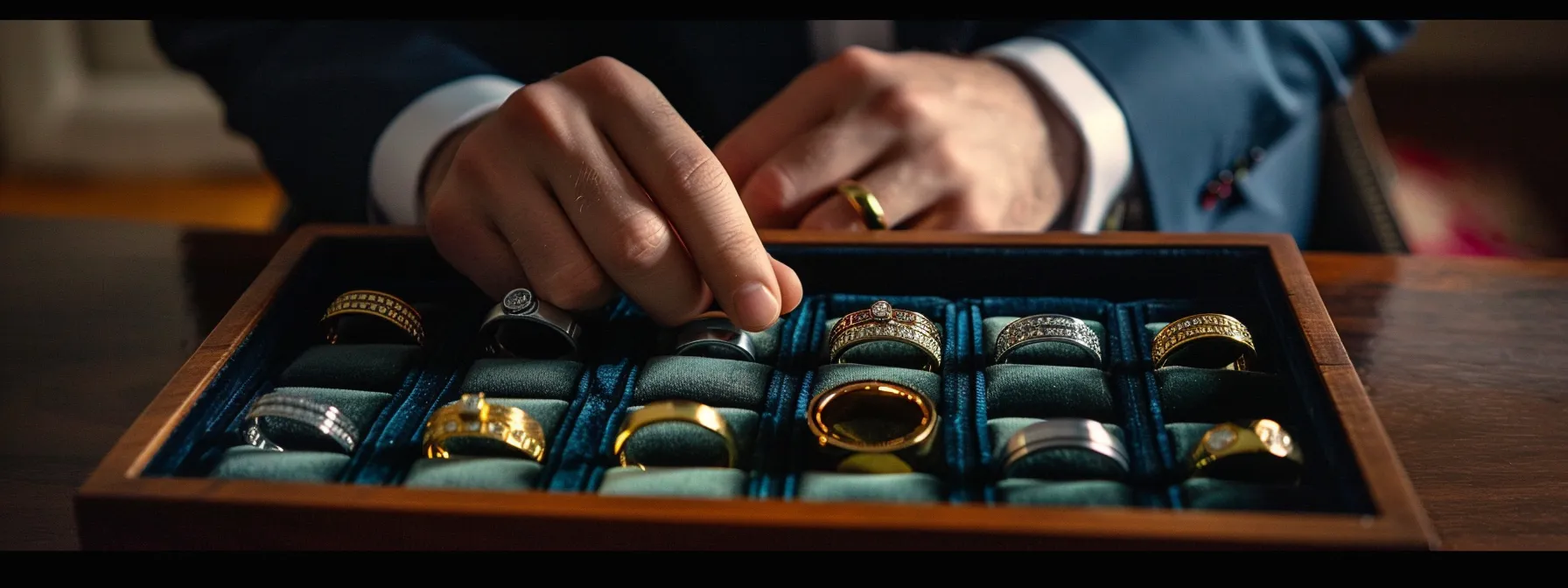 a groom admiring a selection of classic men's wedding bands displayed on a velvet tray.