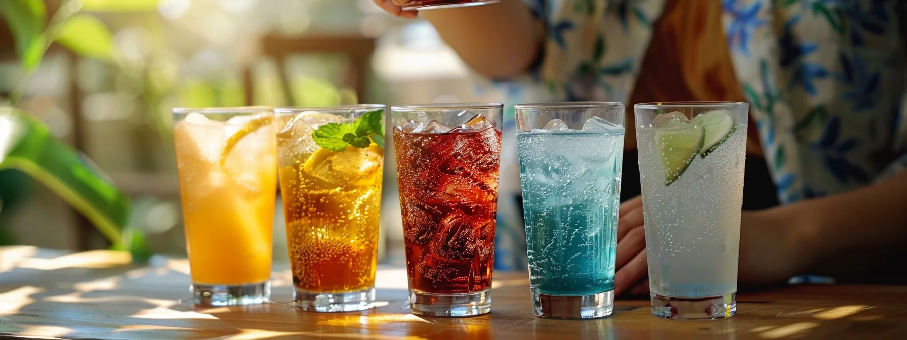 a person choosing a glass of water over a soda, with a variety of healthier beverage options on the table.