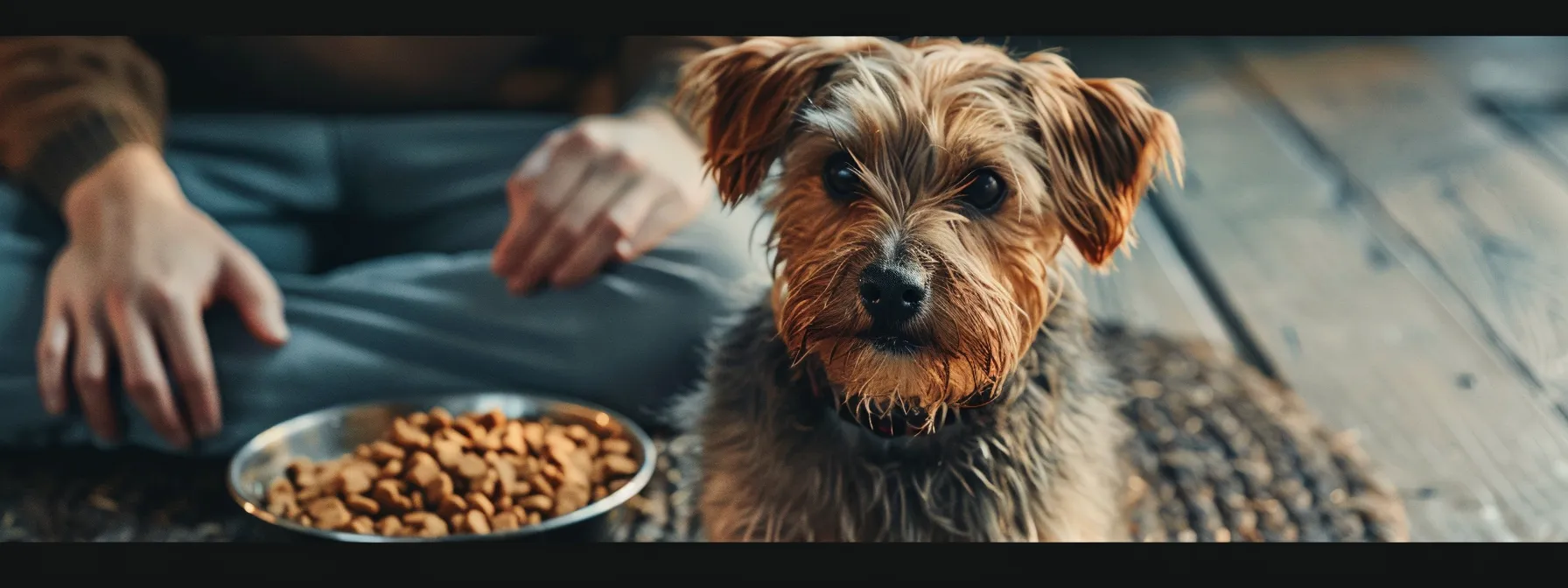 a dog sitting next to a bowl of food, with a caretaker watching closely.