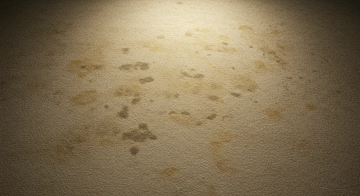 Stained carpet in a neutral room showing embedded discoloration