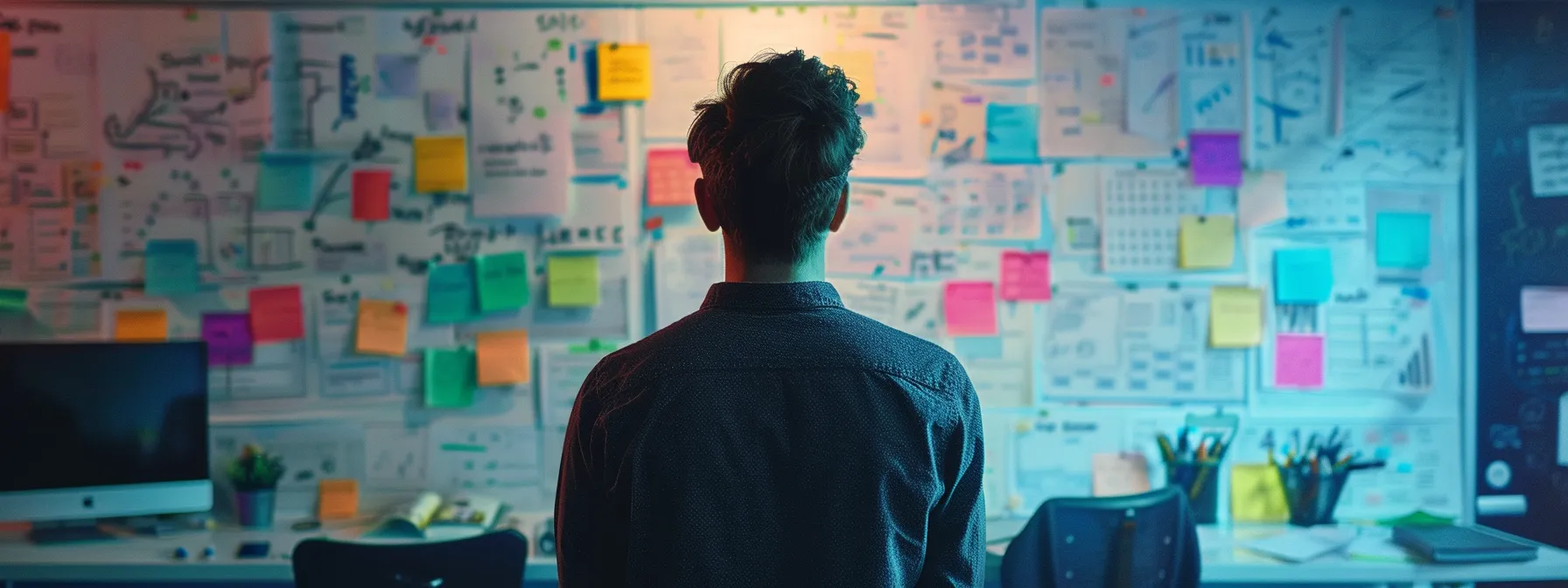 a determined content creator staring at a vibrant, meticulously organized whiteboard filled with seo strategies and solutions.