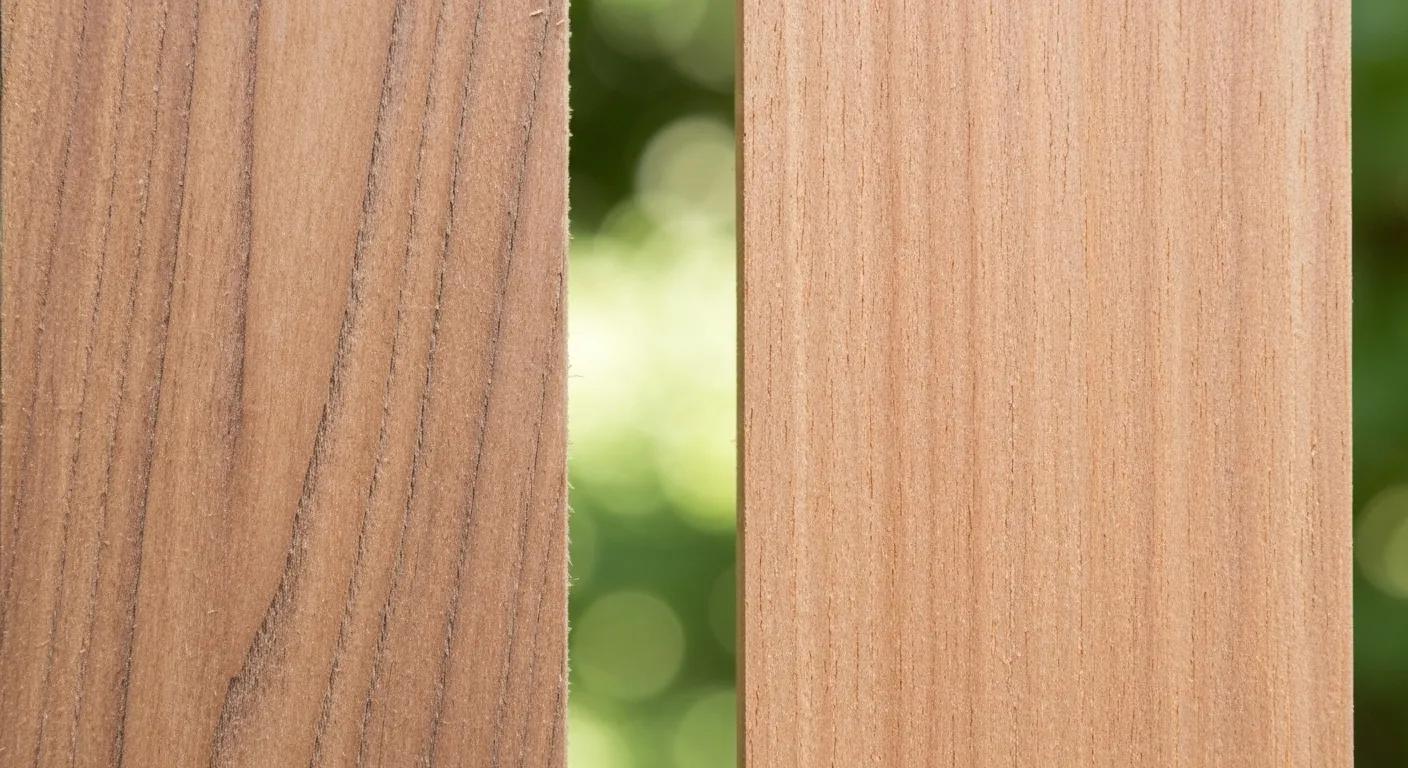 Comparison of teak and Ipe wood samples, showcasing their unique grain patterns and colors