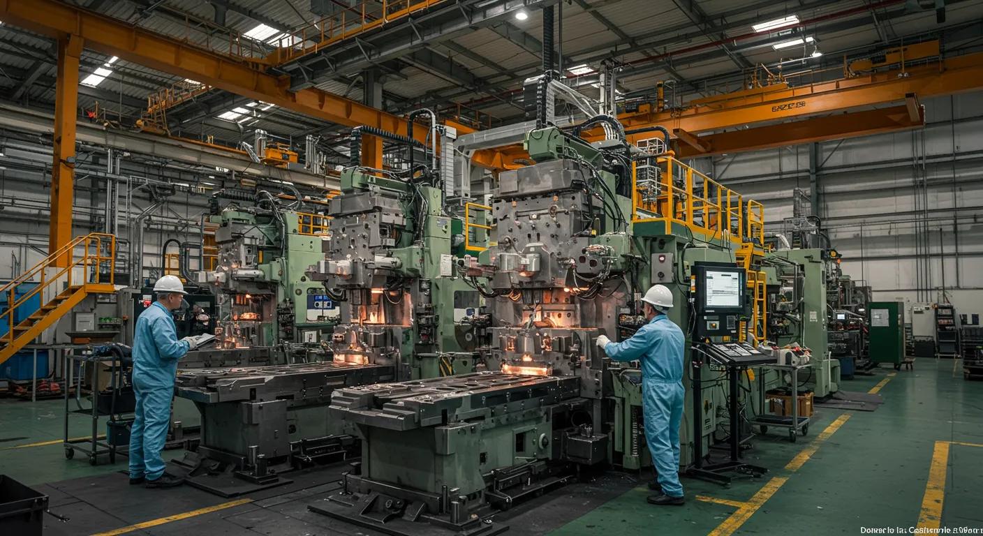 a high-tech manufacturing facility showcases advanced machinery and automation in action, with operators efficiently overseeing the intricate die casting process, emphasizing the complexity and precision involved in optimizing production costs.