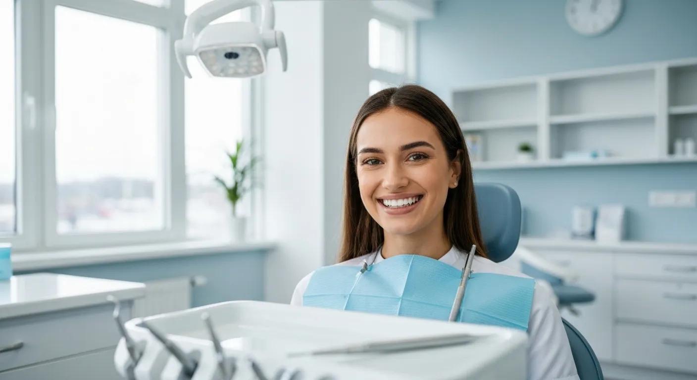 A patient smiling confidently after receiving cosmetic dental treatment in a dental office