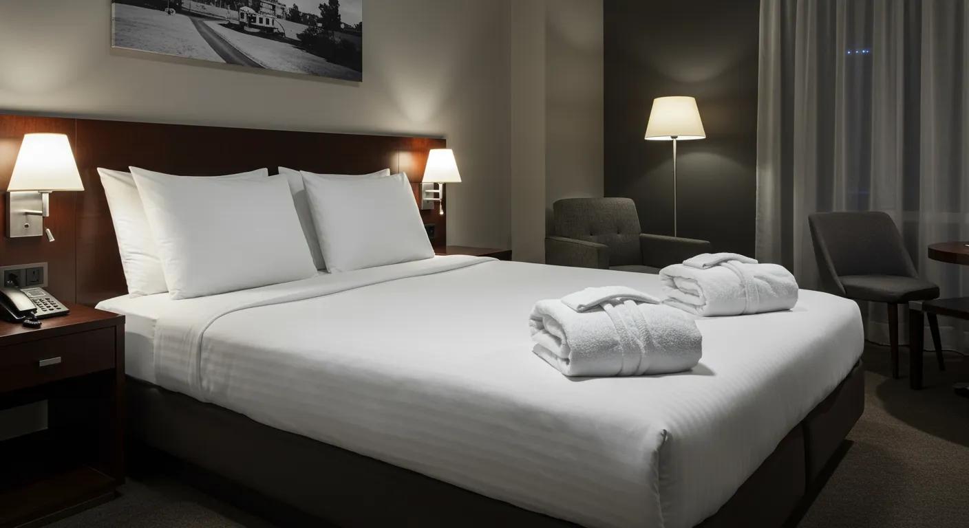 a sleek, modern hotel room showcasing luxurious white bath towels, plush bathrobes, and elegantly arranged hotel bed sheets, illuminated by soft ambient lighting to highlight the sophistication of current trends in the canadian hotel supplies market. a sleek, modern hotel room showcasing luxurious white bath towels, plush bathrobes, and elegantly arranged hotel bed sheets, illuminated by soft ambient lighting to highlight the sophistication of current trends in the canadian hotel supplies market.