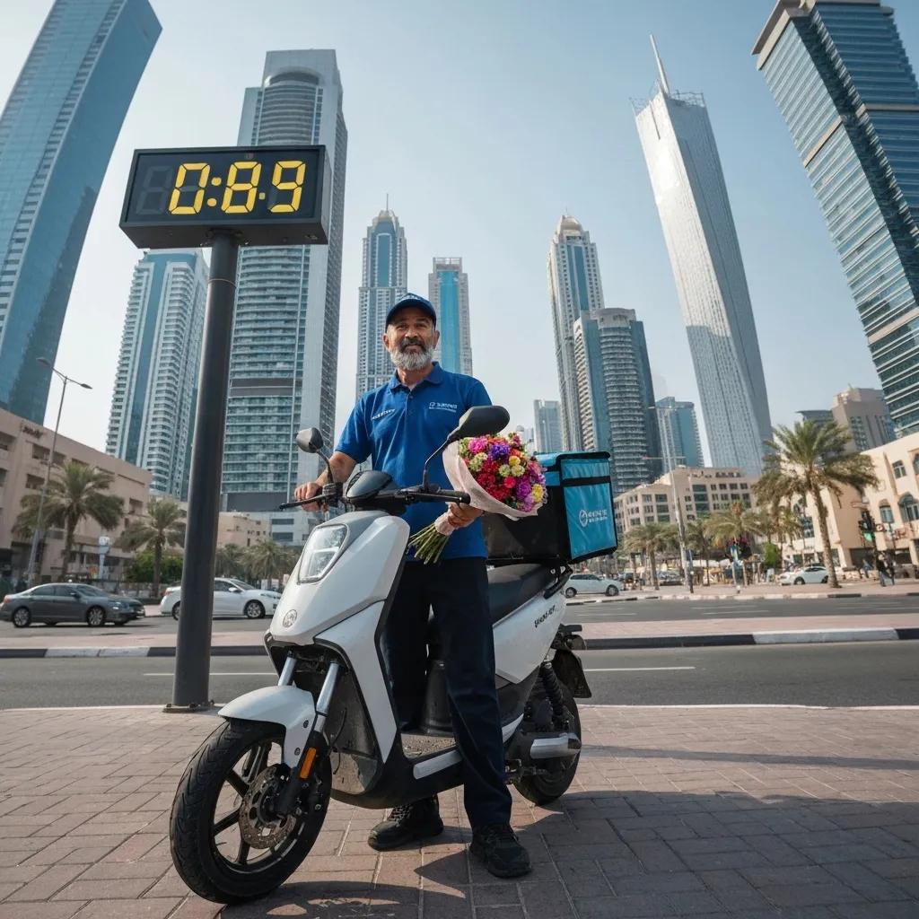 Delivery person with flowers emphasizing timely same-day delivery options in Dubai