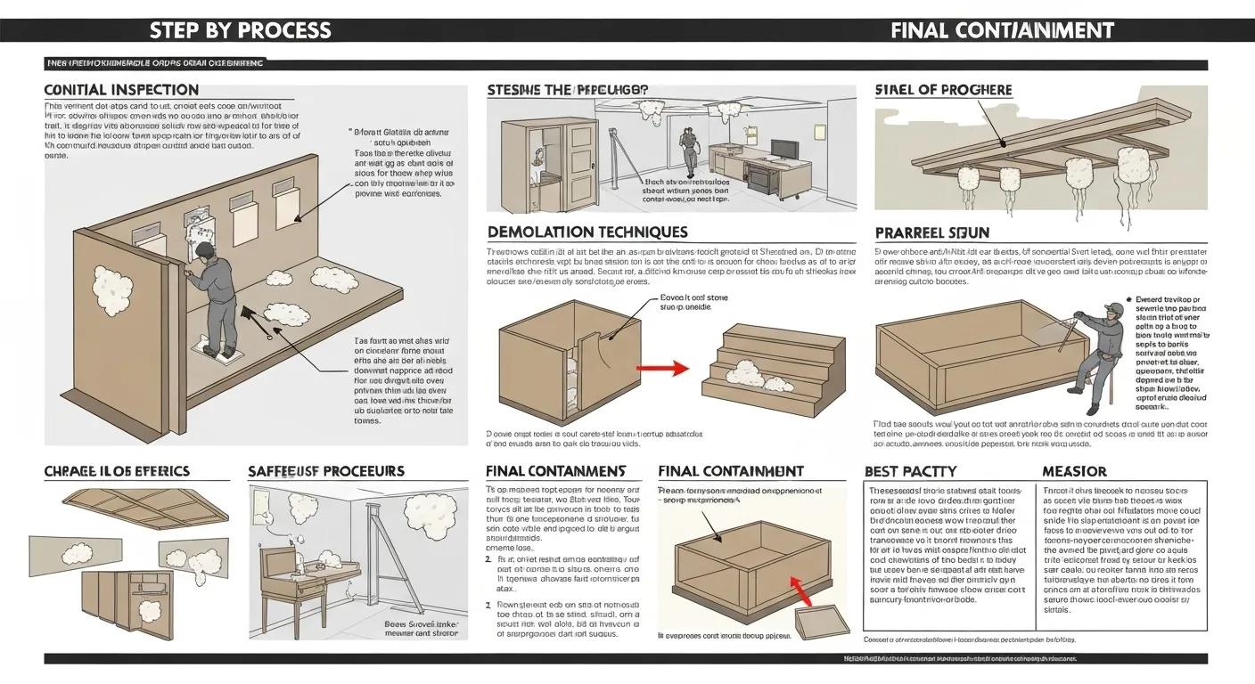 Detailed infographic illustrating the step-by-step process of popcorn ceiling removal, from initial inspection to final containment