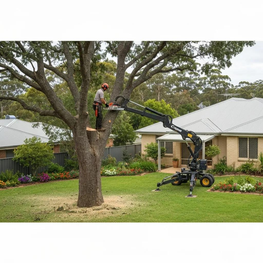 Professional arborist expertly removing a large tree in the Moreton Bay region, highlighting safety protocols and skilled execution