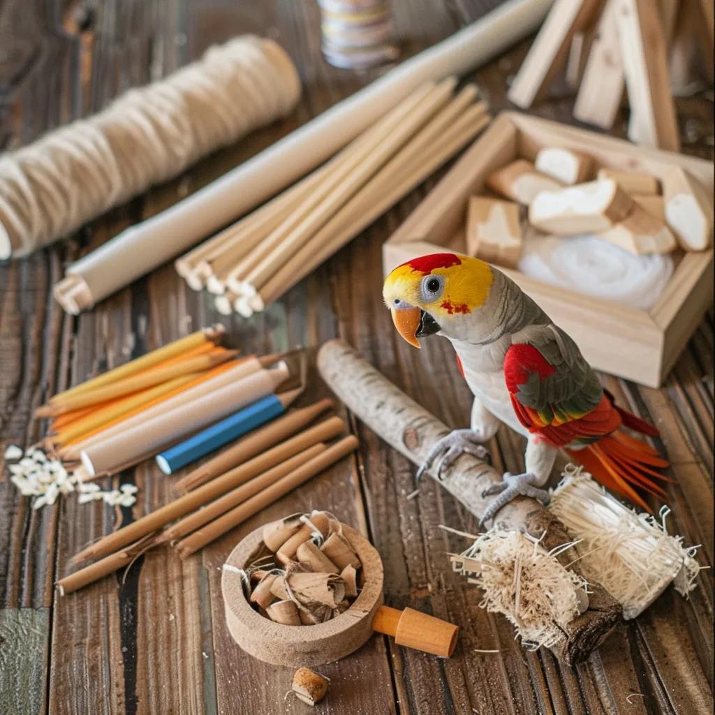 Selection of safe materials for DIY bird toys, including untreated wood and natural fibers, with a parrot toy in the background
