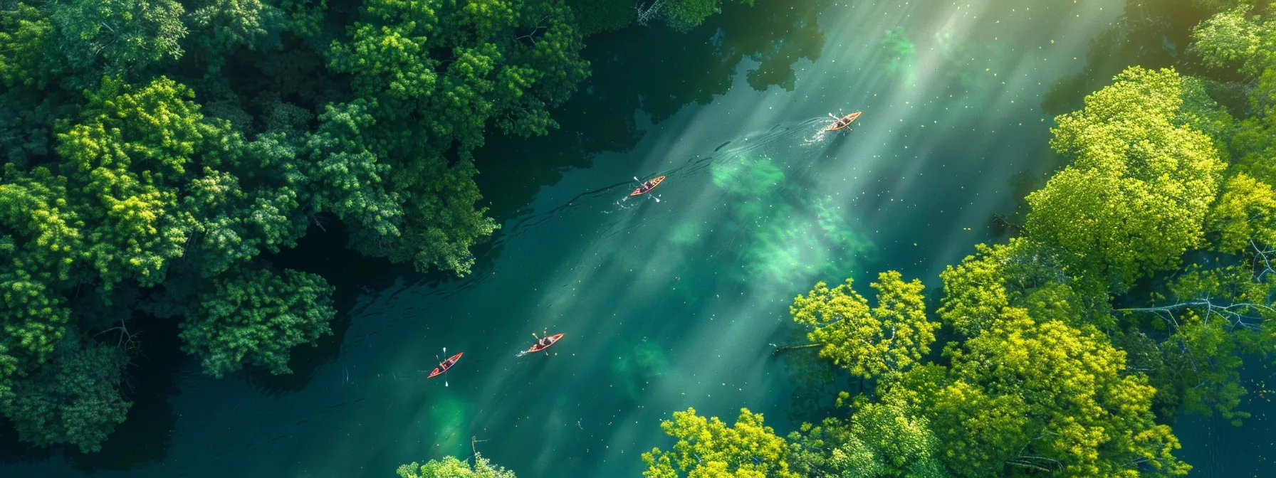 a sun-drenched group of rafters navigating through crystal-clear waters surrounded by lush, green forests on a summer day.