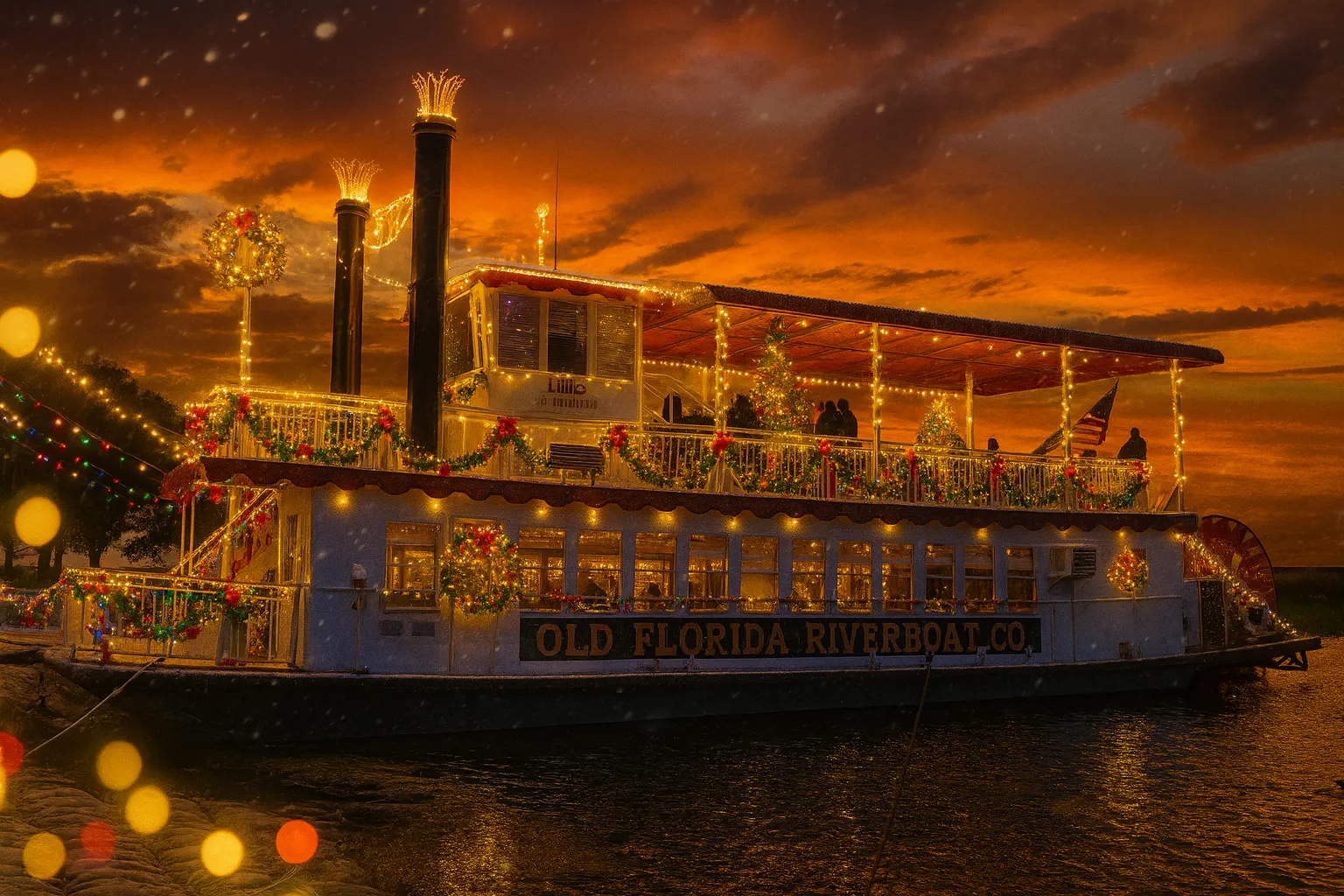 Riverboat decorated with festive lights and garlands at sunset. "Old Florida Riverboat Co." visible. Warm, celebratory atmosphere.