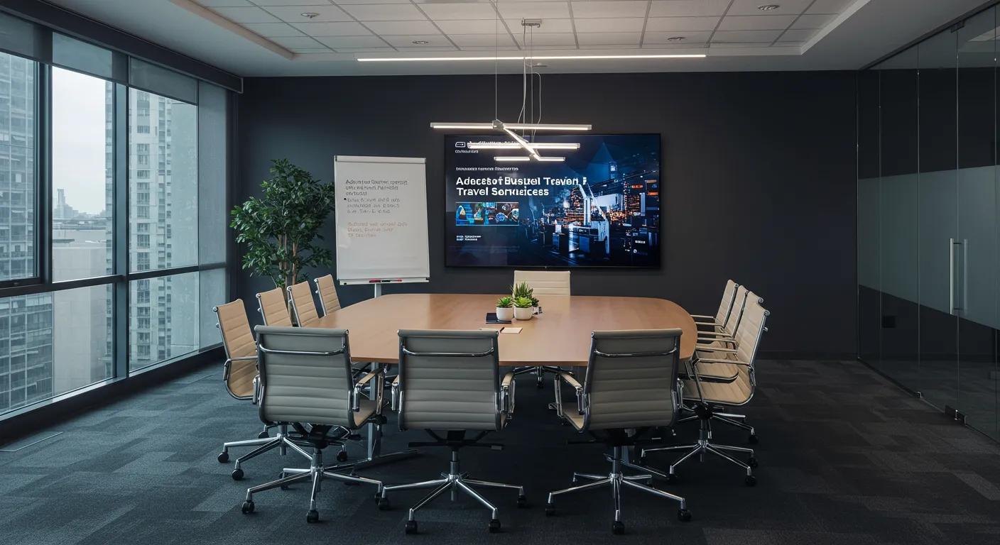 a sleek, modern corporate office conference room features a large, elegantly set table surrounded by high-backed chairs, displaying a digital presentation on adaptable business travel services, with sophisticated lighting highlighting a sense of professionalism and diversity in corporate solutions. a sleek, modern corporate office conference room features a large, elegantly set table surrounded by high-backed chairs, displaying a digital presentation on adaptable business travel services, with sophisticated lighting highlighting a sense of professionalism and diversity in corporate solutions.