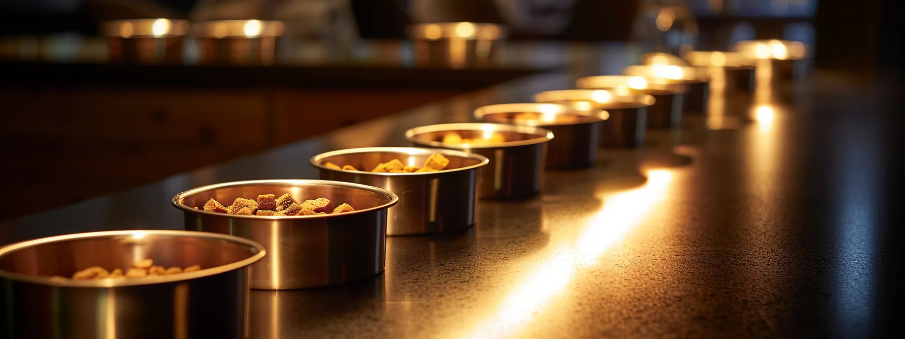 a row of individual dog food bowls lined up neatly on a counter, each containing a different meal tailored to the specific dietary needs and preferences of the canine guests.