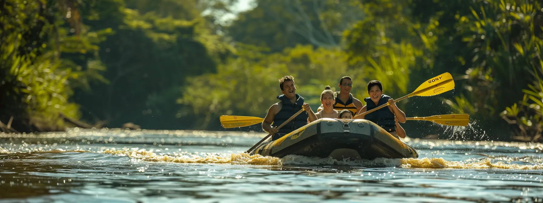 a group of friends laughing and bonding on a private guided river trip, navigating through twists and turns with excitement.