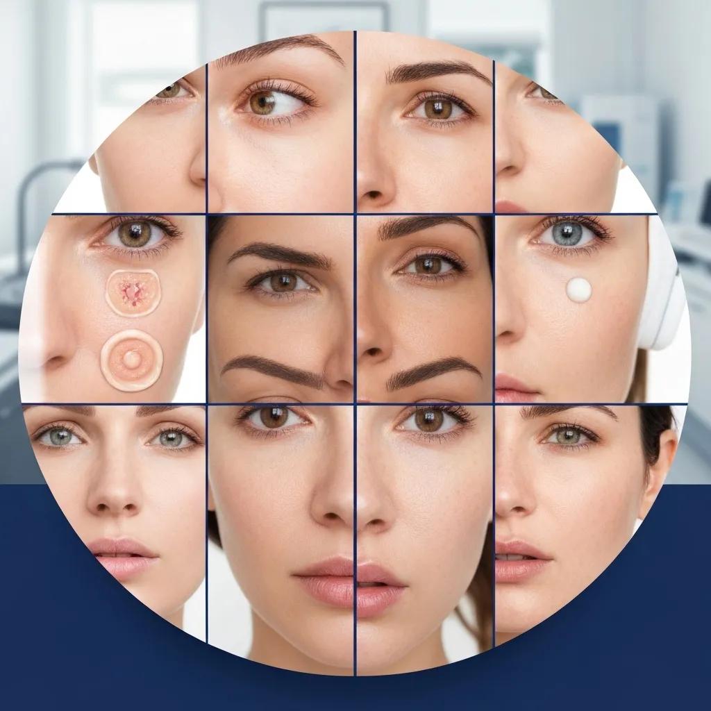 Before and after treatment results showcasing skin concerns like pigmentation, wrinkles, and acne in a clinical environment