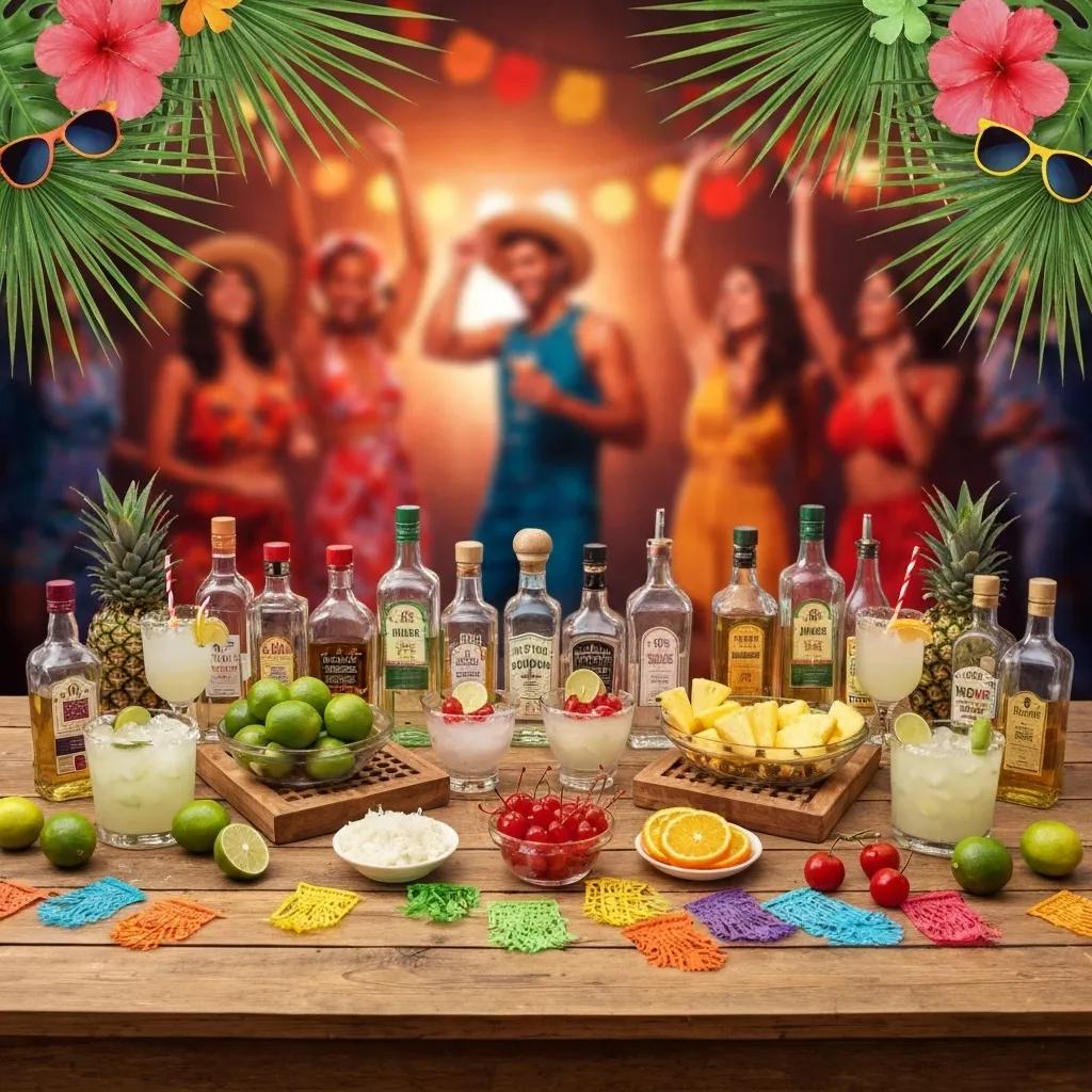 DIY margarita bar setup for a Jimmy Buffett Day celebration with colorful ingredients and tropical decor