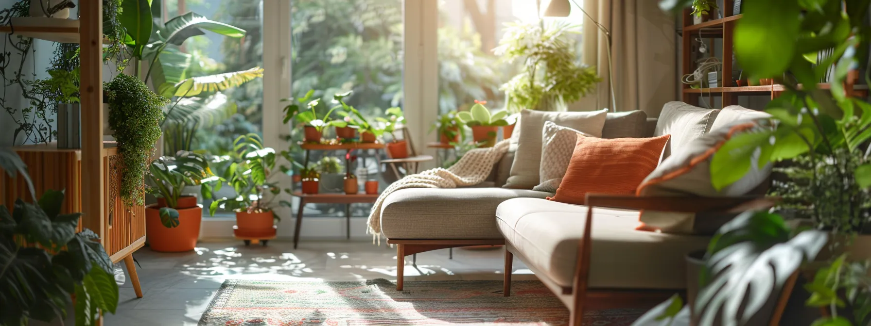 a room filled with organic and eco-friendly furnishings and plants, creating a healthy and non-toxic living space.