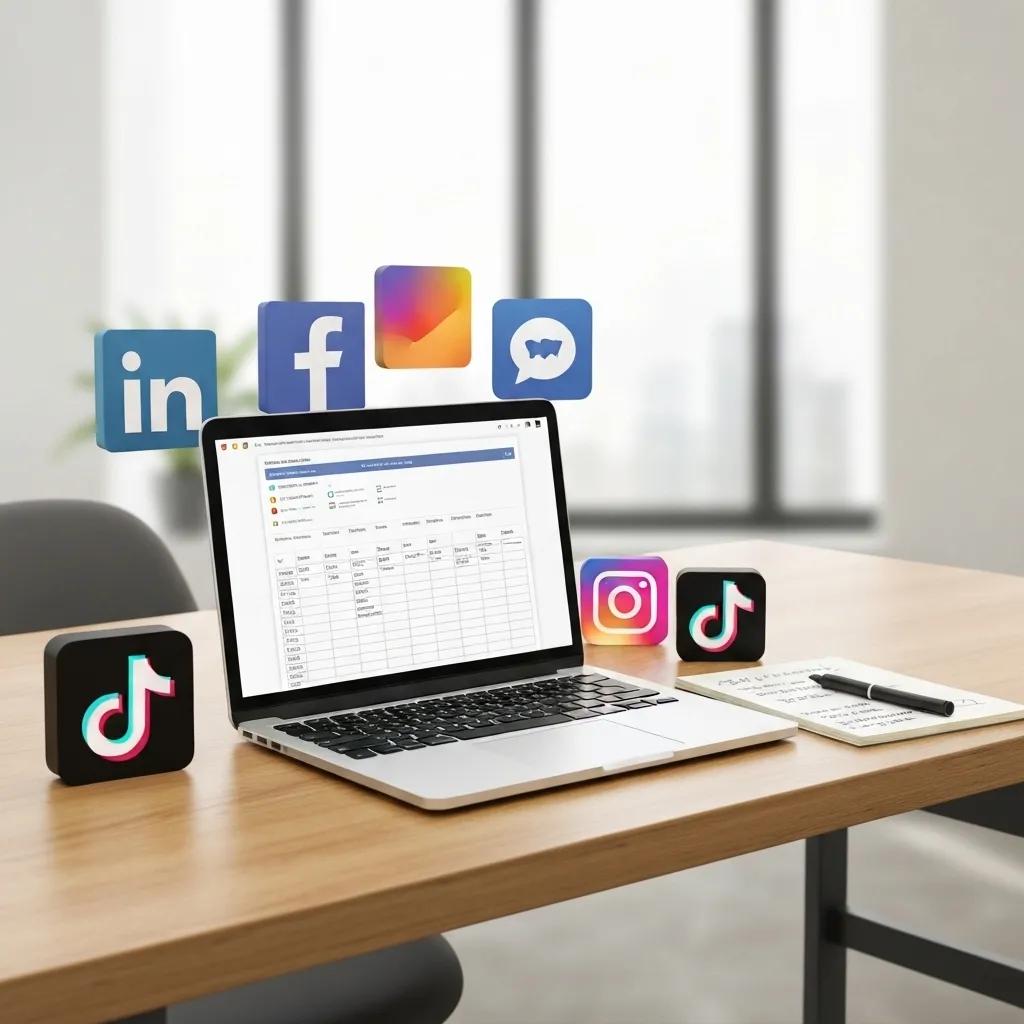 A collection of social media platform logos artfully arranged on a desk, symbolizing strategic planning and digital presence.